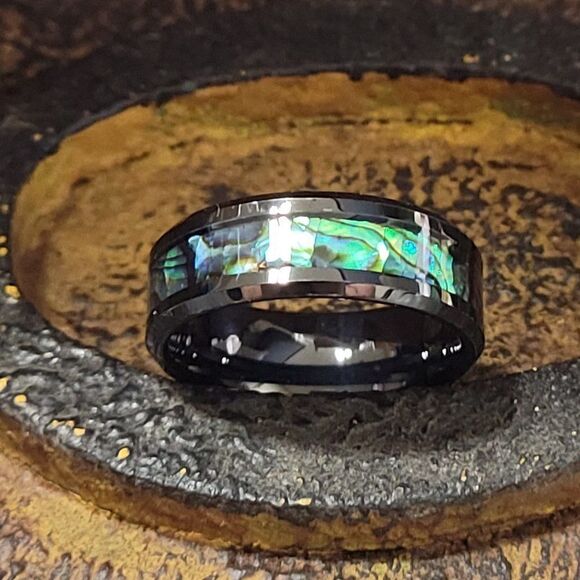 Men's Real Black Tungsten Promise Ring With Abalone Shell Inlay - Picture 6 of 11